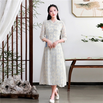 起念若素2021新款中国风女装蕾丝茶服改良旗袍长裙连衣裙L3551